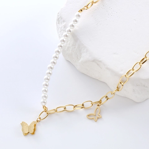 Collar Con Colgante De Mariposa Acero Inoxidable 316L Cadena Asimétrica Perlas Artificiales Blancas Estilo Retro Francés Joyería Elegante Mujer
