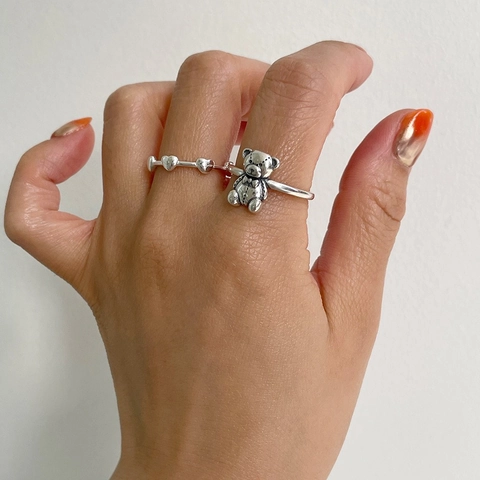 925 Sterling Silver Teddy Bear Ring 3D Animal Adjustable Retro Vintage Style Jewelry For Women