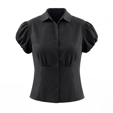 Women Short Sleeve Puff Sleeve Shirt Cotton Blend Slim Fit Waisted Solid Color Vintage Lapel Button Up Blouse Top