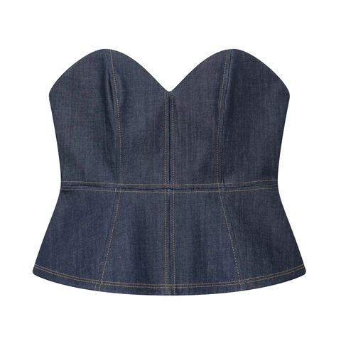 Top De Tubo Sin Tirantes De Mezclilla Para Mujer Bustier Escote Corazón Costuras En Contraste Peplum Cremallera