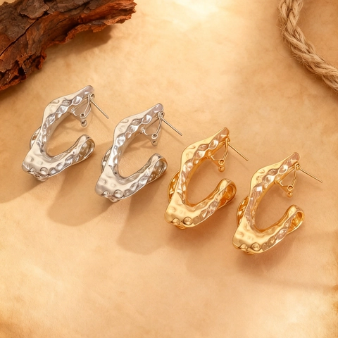Irregular Geometric Hoop Earrings For Women Luxury Hammered Zinc Alloy Gold Silver Plated Statement Earrings Party Jewelry