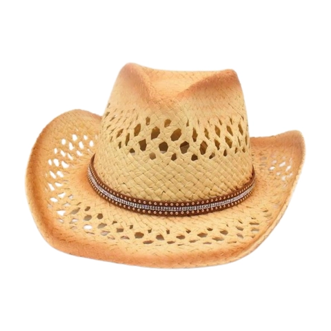 Western Cowboy Straw Hat Hollow Out Breathable Wide Brim Sunscreen Beach Travel Hat With Rhinestone Band