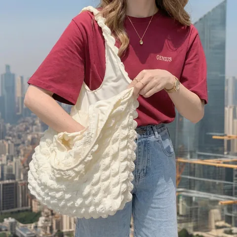 Borsa A Spalla Da Donna Texture Popcorn Poliestere Grande Capacità Tessuto A Bolle Morbido Stile Coreano Borsa Casual