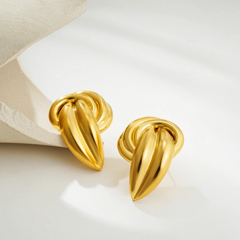 French Elegant 18K Gold Plated Stainless Steel Ribbon Knot Stud Earrings For Women Pleated Twist Teardrop Earrings Jewelry Gift