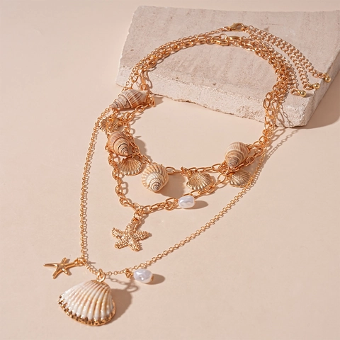 Collar De Capas Aleación Concha Estrella De Mar Caracol Perlas Artificiales Dijes Joyería De Playa Bohemia Para Mujeres Color Oro