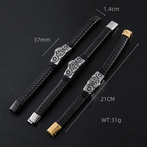 Men Braided Leather Bracelet With 304 Stainless Steel Motorcycle Gear Decoration Punk Retro Biker Magnetic Buckle Wristband