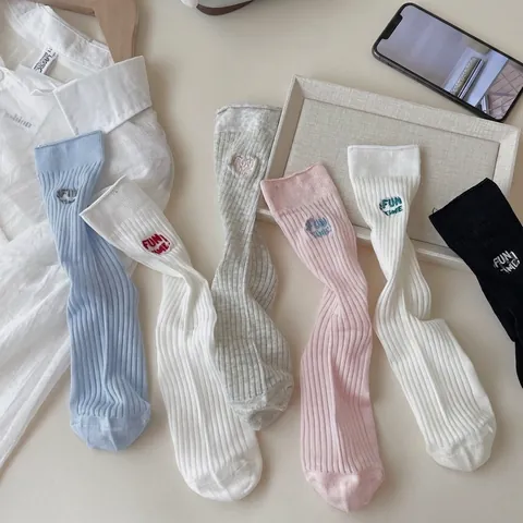 Women Combed Cotton Mid Calf Crew Socks Ribbed Embroidered Letter Fun Time Breathable Mesh Casual Ballet Style