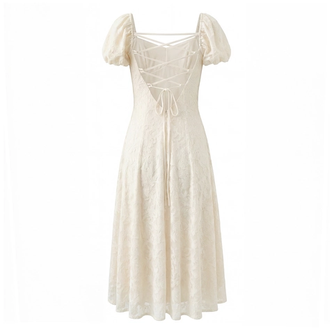 Ivory White Jacquard Lace Midi Dress Puff Sleeves Backless Strappy French Retro Style Women