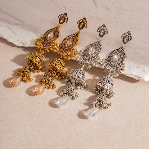 Vintage Ethnic Jhumka Earrings Copper Alloy Rhinestone Crystal Long Tassel Wind Chime Style With Steel Earring Post