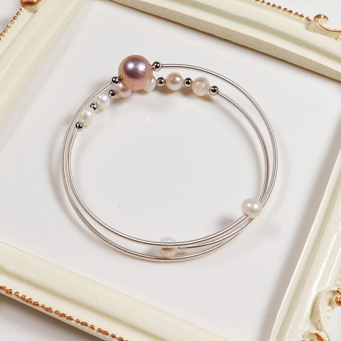 Freshwater Pearl Bracelet Handmade Wire Wrapped Copper Alloy Bangle Double Layer Elegant Jewelry For Women Gift