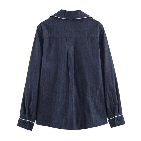 Set Camicia E Pantaloni Texture Denim Da Donna Bordo A Contrasto Top A Maniche Lunghe Pantaloni Con Vita Elastica