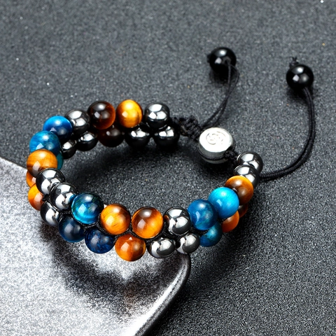 Natural Stone Beaded Bracelet Double Triple Layer Tiger Eye Hematite Lava Rock Obsidian Braided Adjustable Healing Energy