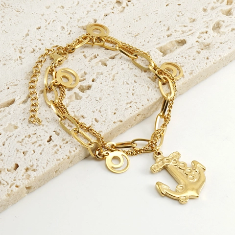 Pulsera De Doble Cadena Con Colgante De Ancla Dijes Redondos Huecos Acero Inoxidable Chapado En Oro 18K Joyería Náutica