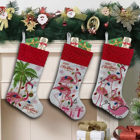 Christmas Stocking Flamingo Tropical Palm Tree Print Polyester Fabric Hanging Xmas Gift Bag Decorative Socks Novelty