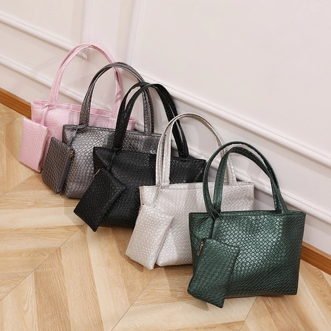 Damen PU Leder Gewebte Geprägte Tragetasche Mit Kleiner Clutch Große Kapazität Lässige Tägliche Schultertasche