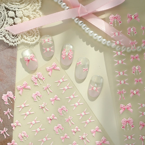 Adesivi Per Unghie Fiocco Rosa Rilievo 3D Design Nastro Stile Ragazza Dolce Con Künstliche Perle Accessorio Manicure Fai Da Te