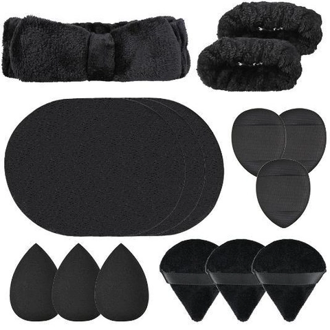Diadema Y Muñequeras De Franela Con Esponjas De Maquillaje Y Borlas Para El Cuidado De La Piel Lavado De Cara