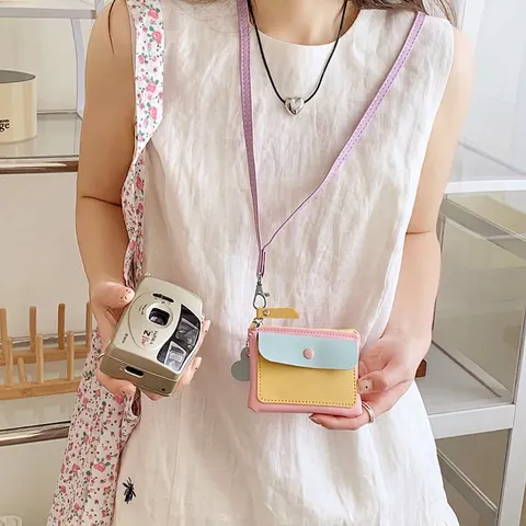 Patchwork PU Leather Coin Purse Card Holder Lanyard Heart Pendant Snap Button Zipper Closure Macaron Color Cute Wallet