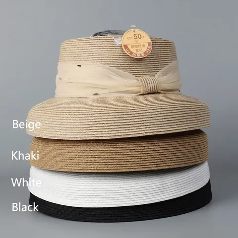 Chapeau De Paille Boater Vintage Classique Pour Femmes Large Bord Protection Solaire Plage Ruban Nœud Mousseline Élégant