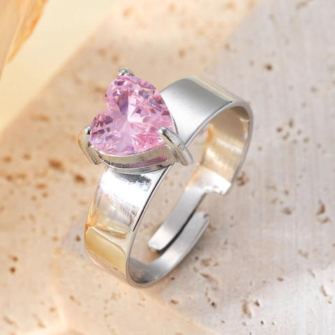Bague Ouverte Ajustable Pierre Précieuse Cœur Rosa Acier Inoxydable 304 Poli Miroir Bijoux Doux Pour Femmes