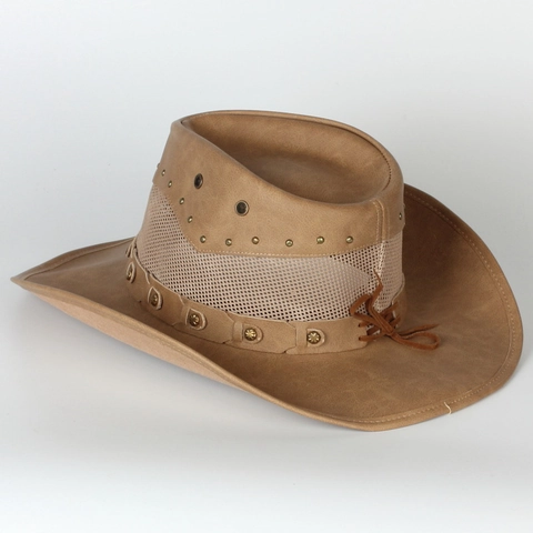 Western Cowboy Hat Faux Leather Breathable Mesh Wide Brim Vintage Retro Style Sun Protection Rivet Decor Outdoor Travel