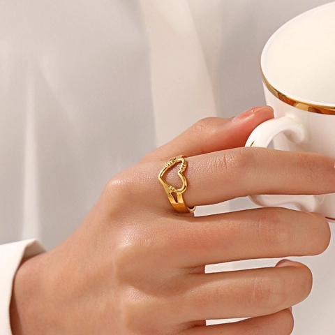 Anillo Corazón Hueco Acero Inoxidable Chapado En Oro Ajustable Anillo Abierto Joyería Vintage Simple Para Mujeres Niñas