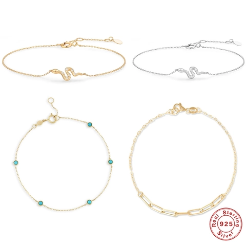 Pulsera De Plata De Ley 925 Para Mujer Con Dije De Serpiente Zirconia Cuenta De Turquesa Cadena De Clip Joyería Fina
