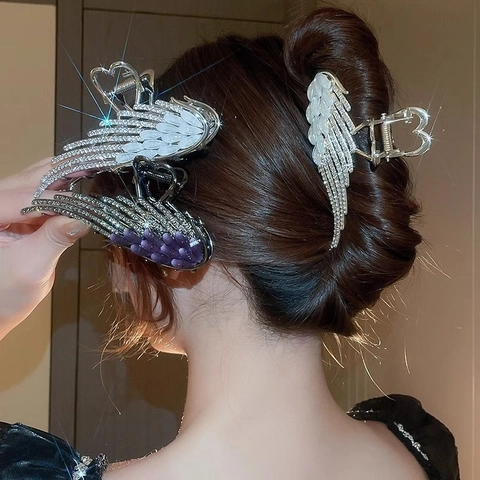 Pinza Per Capelli Ali D'angelo Elegante Lega Strass Pietra Occhio Di Gatto Artificiale Molletta Grande Per Donna