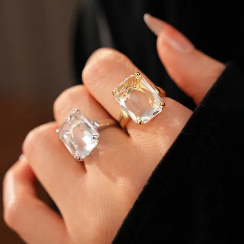 Rectangle Emerald Cut Cubic Zirconia Ring Copper 14K Gold Plated Adjustable Open Jewelry Fashion Luxury For Women