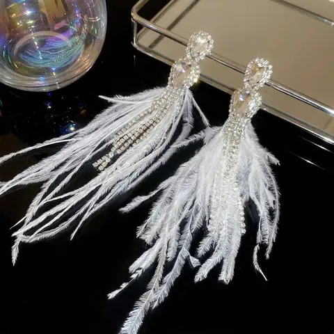 Long Tassel Feather Drop Earrings With Waterdrop Rhinestone And Silver Earring Post Elegant Luxury Fashion For Women