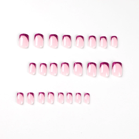 Faux Ongles Purple Glitter French Tip Base Rose Carré Oval Élégant Brillant Ongles Artificiels Pour Femmes