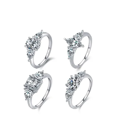 Anello Di Lusso In Argento Sterling 925 Tre Pietre Zirconia Pera Tondo Smeraldo Fidanzamento Matrimonio Gioielli Donna