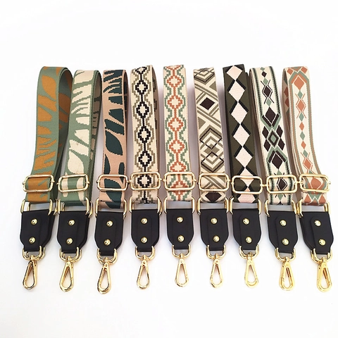 Wide Adjustable Bag Strap Polyester Cotton Webbing Leather Ends Ethnic Bohemian Jacquard Crossbody Shoulder Belt
