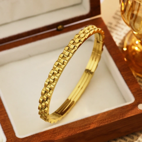Brazalete de Acero Inoxidable Chapado en Oro de 18K Estilo Correa de Reloj Vintage para Mujer Hombre Textura de Engranaje Joyas