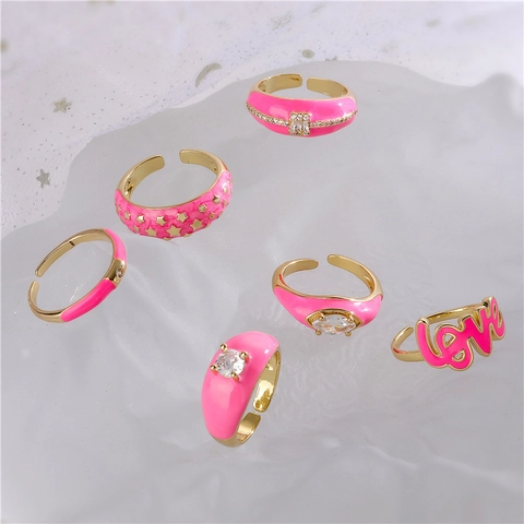 Women Pink Enamel Heart Star LOVE Open Ring Copper Zircon Adjustable Fashion Jewelry Sweet Style Finger Accessory