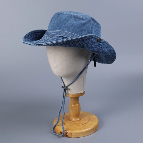 Washed Denim Bucket Hat Unisex Sunshade Outdoor Mountaineering Casual Cowboy Style Sun Hat With Adjustable Windproof Rope
