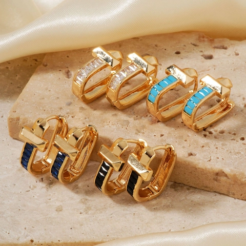 Luxe Koperen U-vormige Creolen Voor Dames Minimalistisch Geometrisch Baguette Strass Ingelegd Niche Design Mode Sieraden