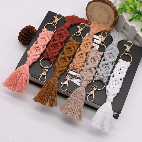 Macrame Keychain Hand-woven Cotton Rope Tassel Bag Pendant Bohemian Style Charm With Gold Alloy Lobster Clasp For Women