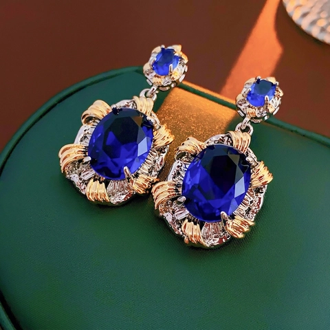Orecchini A Lobo Ovali Con Zircone Blu Vintage Con Perno In Argento Metallo Rame Bicolore Gioielli Barocchi Da Donna