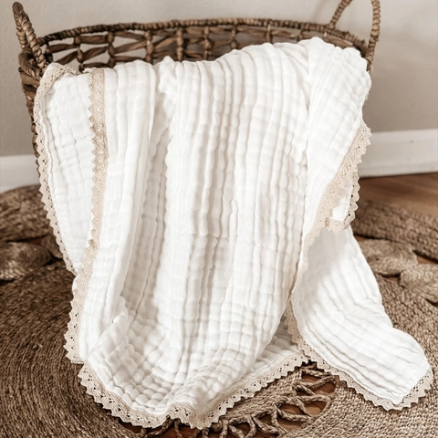 Baby Blanket Muslin Cotton Multi Layer Lace Trim Swaddle Bath Towel Breathable Soft Newborn Stroller Cover Wrap