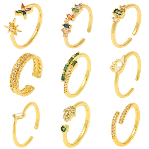 Western Stil Kupfer Vergoldet Offener Ring Für Damen Verstellbarer Zirkonia Eingelegter Böser Blick Herz Hamsa Hand Mode Finger Schmuck