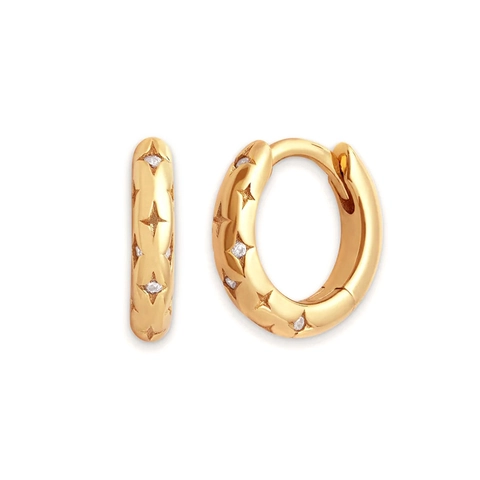 Zircon Huggie Hoop Earrings Copper Geometric Star Engraved With 925 Sterling Silver Earring Post For Women Vintage Style