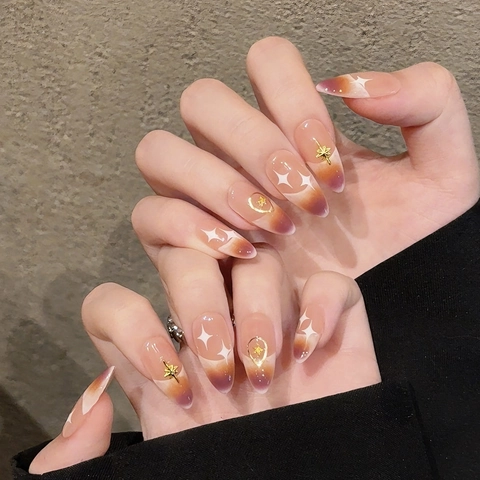 Handmade Press On Nails Blush Gradient Purple Starry Sky Design With Gold Star Moon Metal Charms Rhinestone Nail Patches