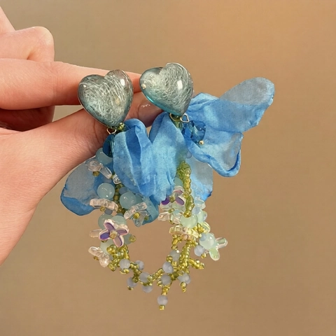 Orecchini Pendenti In Cristallo Di Resina A Forma Di Corazone Con Perno In Argento Fiocco In Chiffon Nappe Di Perline Stile Elegante Dolce