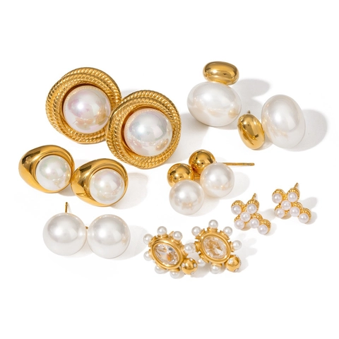Artificial Pearl Earrings Studs 18K Gold Plated Stainless Steel Waterproof Hypoallergenic Vintage Elegant Jewelry For Women