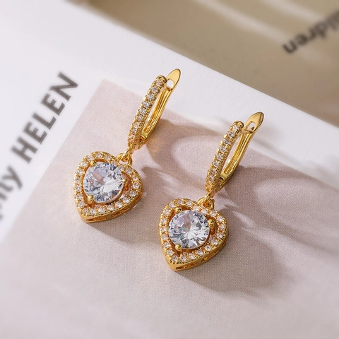 Luxury Copper Gold Plated Heart Drop Earrings Round Rhinestone Inlaid Fashion Commute Jewelry For Women Daily Accessories
