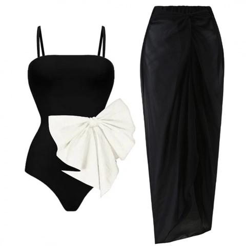Women Swimsuit And Wrap Skirt Contrast Large Bow Decor Spaghetti Strap Slimming Beachwear Vacation