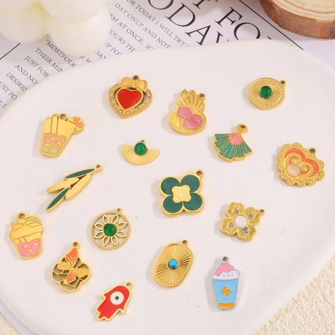 Gold Plated Stainless Steel Enamel DIY Charms Pendants Heart Clover Shapes For Jewelry Making Necklace Bracelet Decoration
