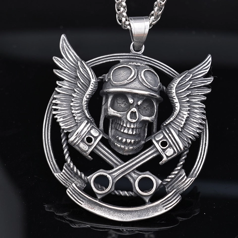Totenkopf Anhänger Halskette 316L Edelstahl Biker Helm Flügel Schraubenschlüssel Zahnrad Punk Gothic Schmuck Für Herren
