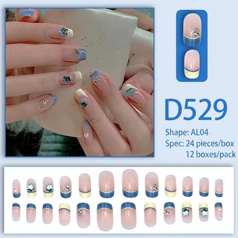 French Style Blue Star Press On Nails Sparkly Rhinestone Long Square Round Artificial Fake Finger Nails For Women